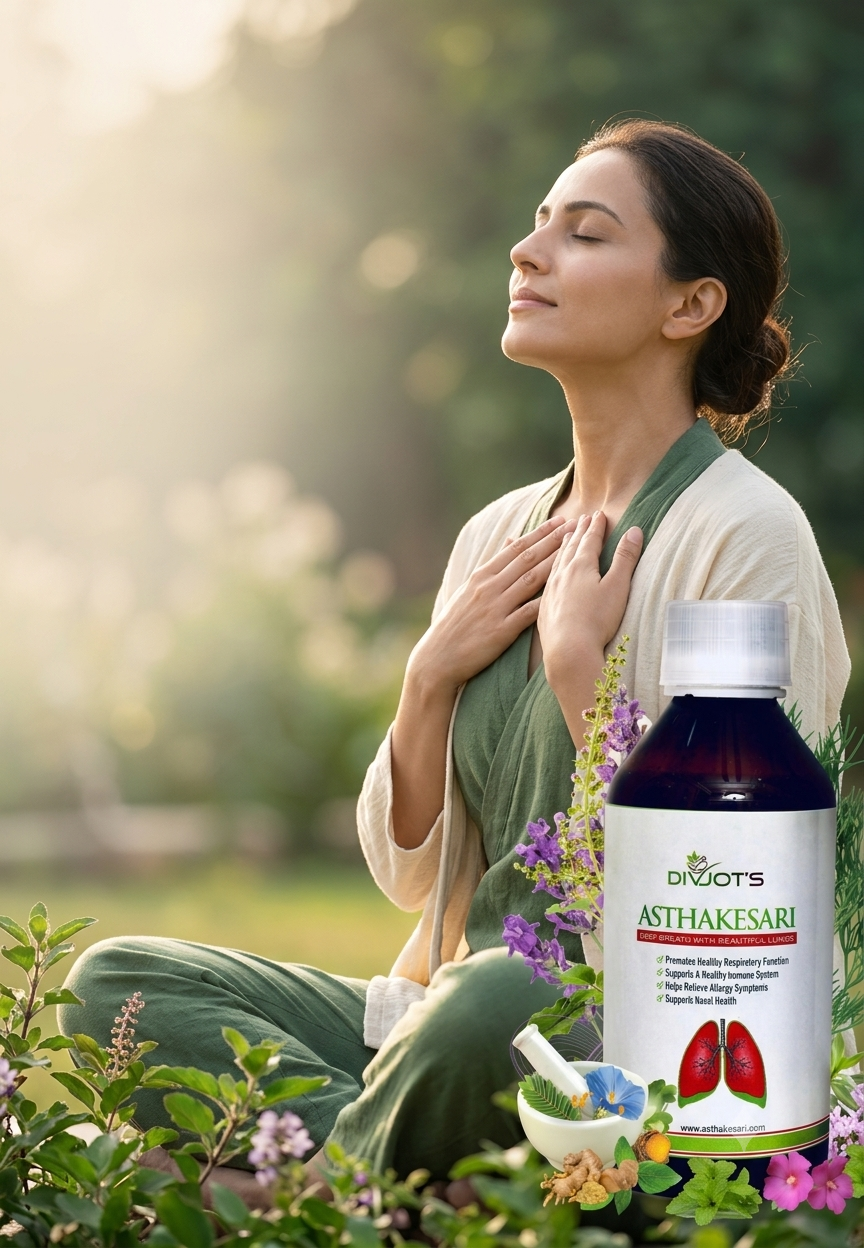 Woman breathing freely outdoors with Asthakesari