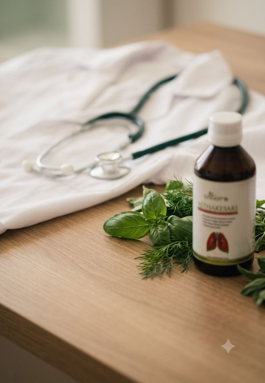 Doctor's coat and stethoscope with Asthakesari and fresh herbs
