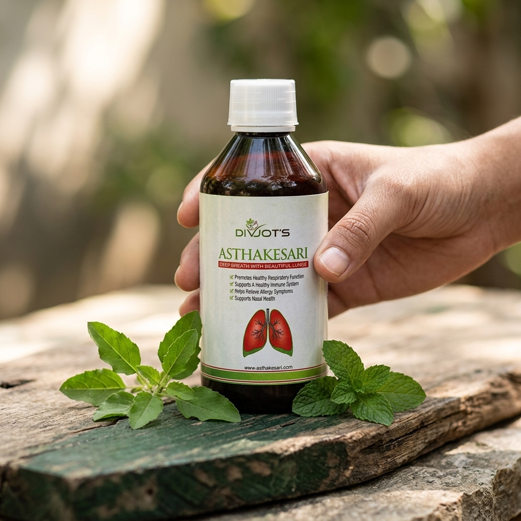 Asthakesari herbal syrup bottle with tulsi and mint